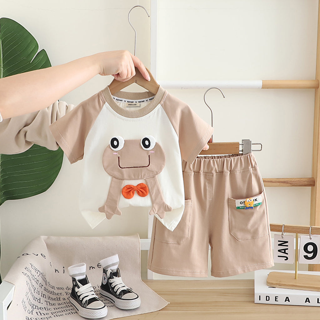 Boys Beige Frog Patch Raglan Sleeve T-shirt With Shorts Set Sets Beige 1-2 Y