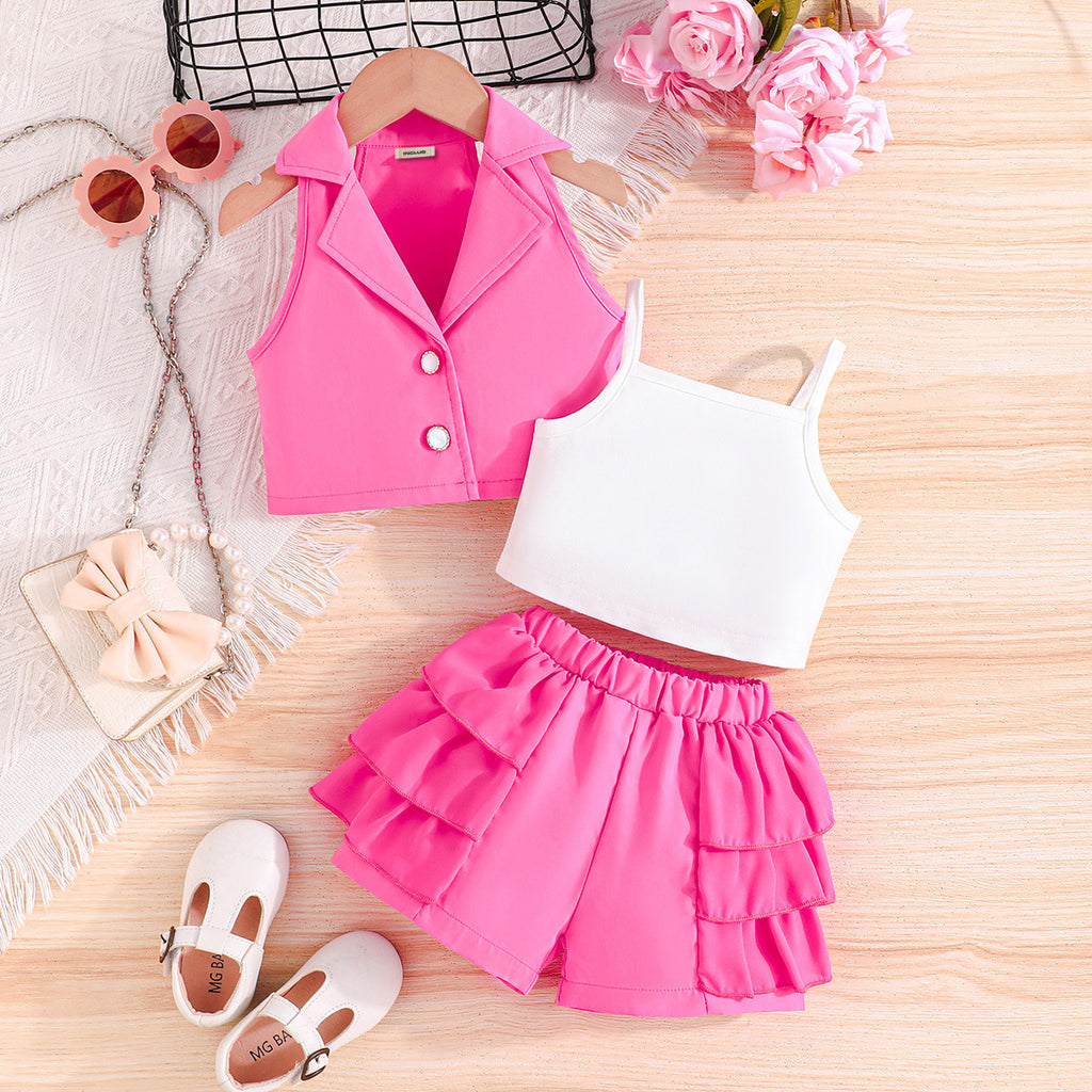 Girls Fuchsia Waistcoat with Spaghetti Top & Tiered Ruffle Shorts Set 3 pc. Sets Fuchsia 2-3 Y