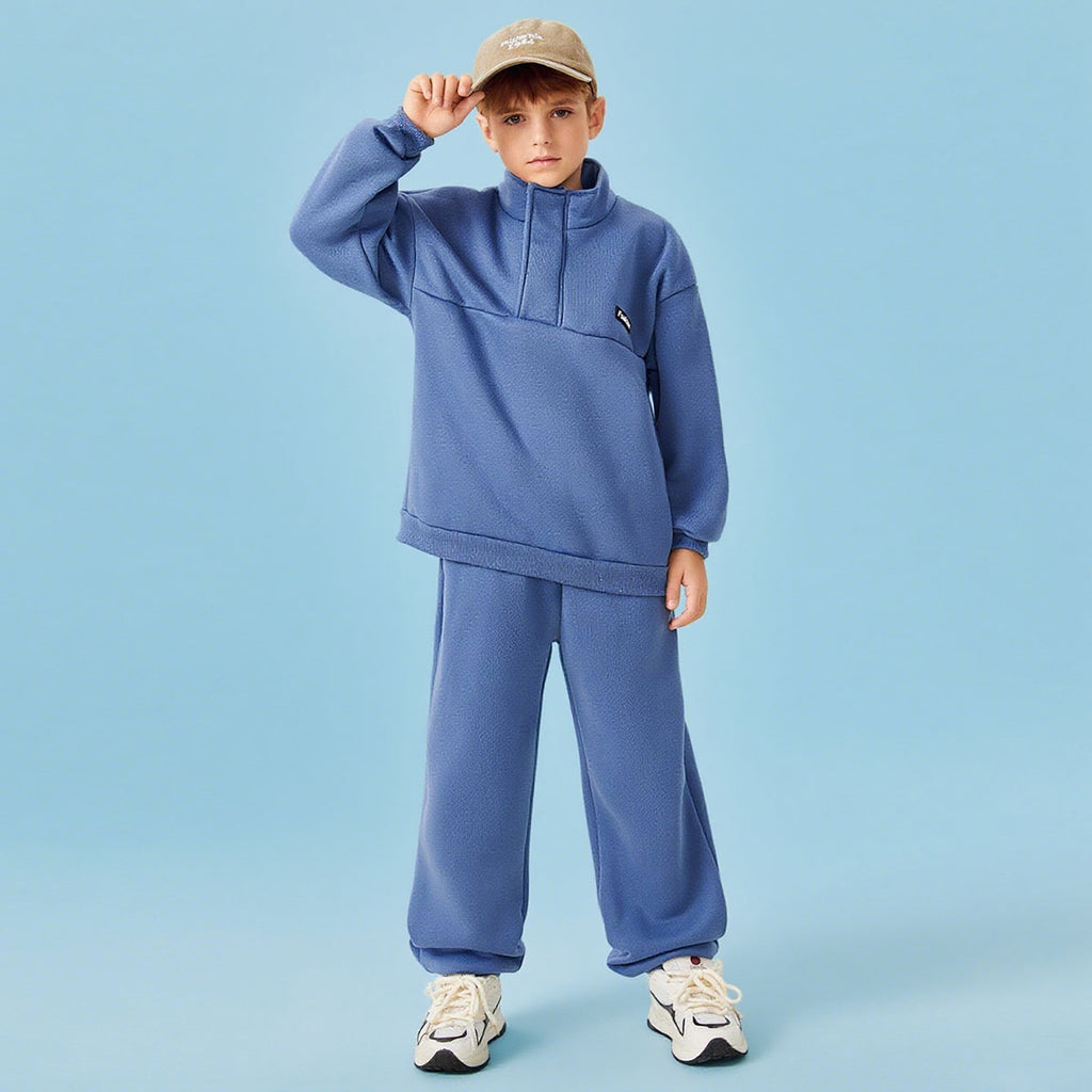 Boys Blue Solid High Neck Sweatshirt With Joggers Winter Co-ord Sets 2 pc. Sets Blue 7-8 Y