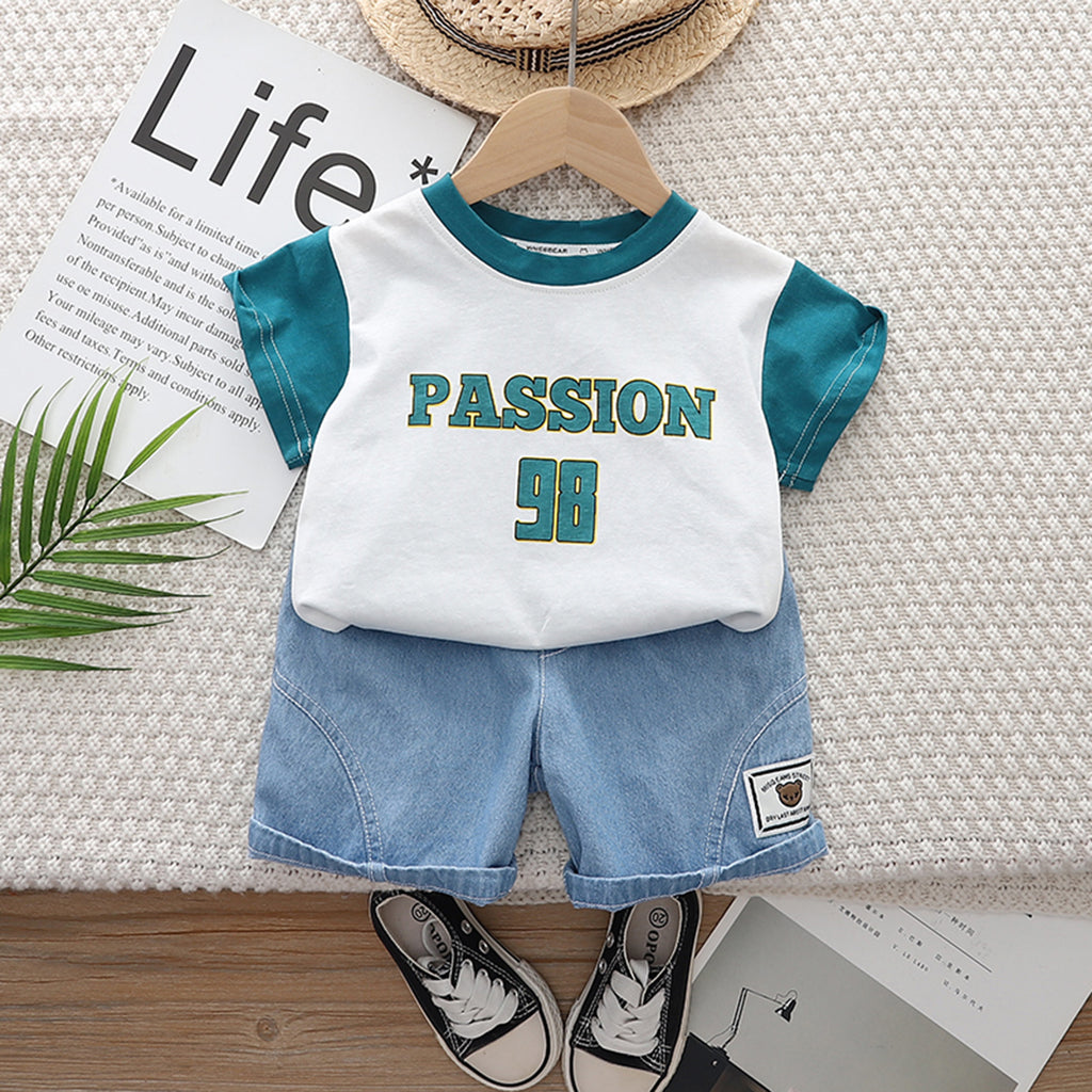 Boys Teal Passion Print Short Sleeve T-Shirt With Denim Shorts Set 2 pc. Sets Teal 1-2 Y