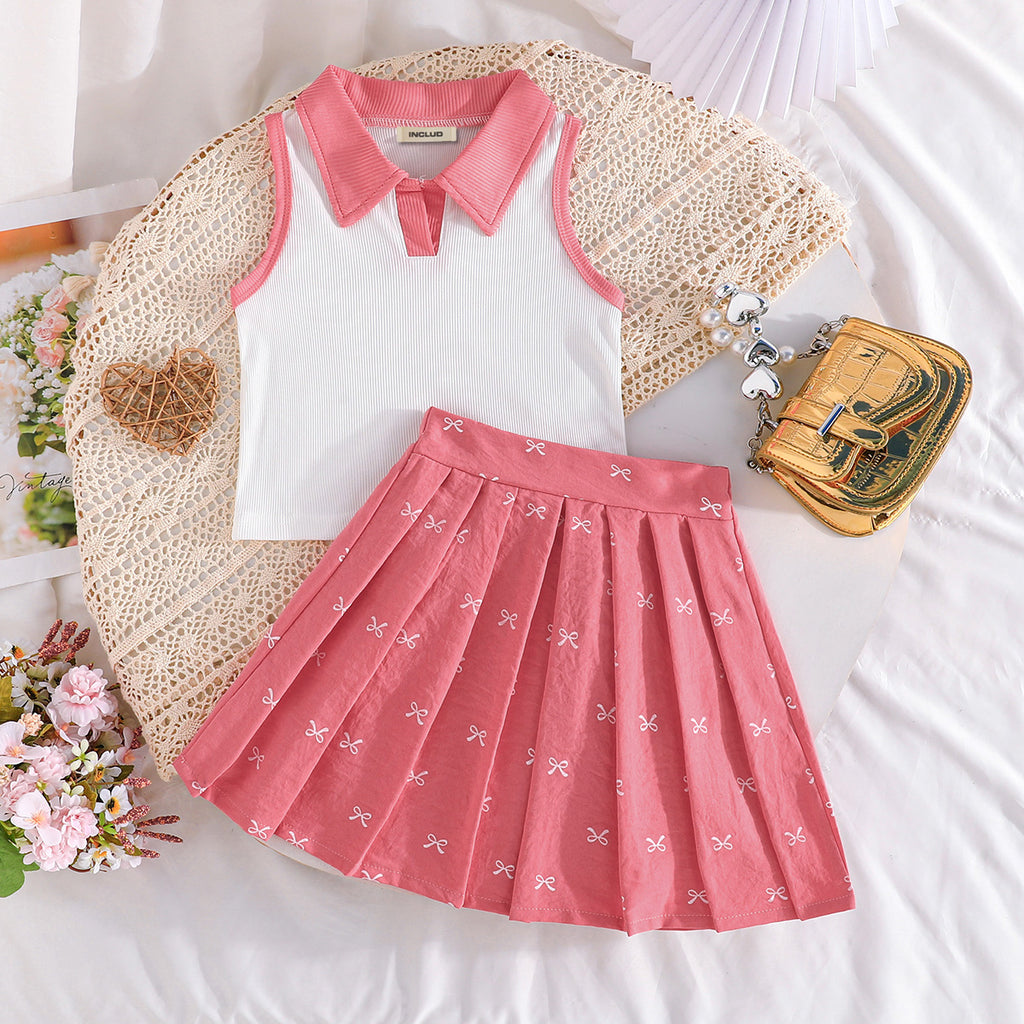 Girls Sleeveless Polo Collar Top With Pink Bow Print Pleated Skirt Set 2 pc. Sets
