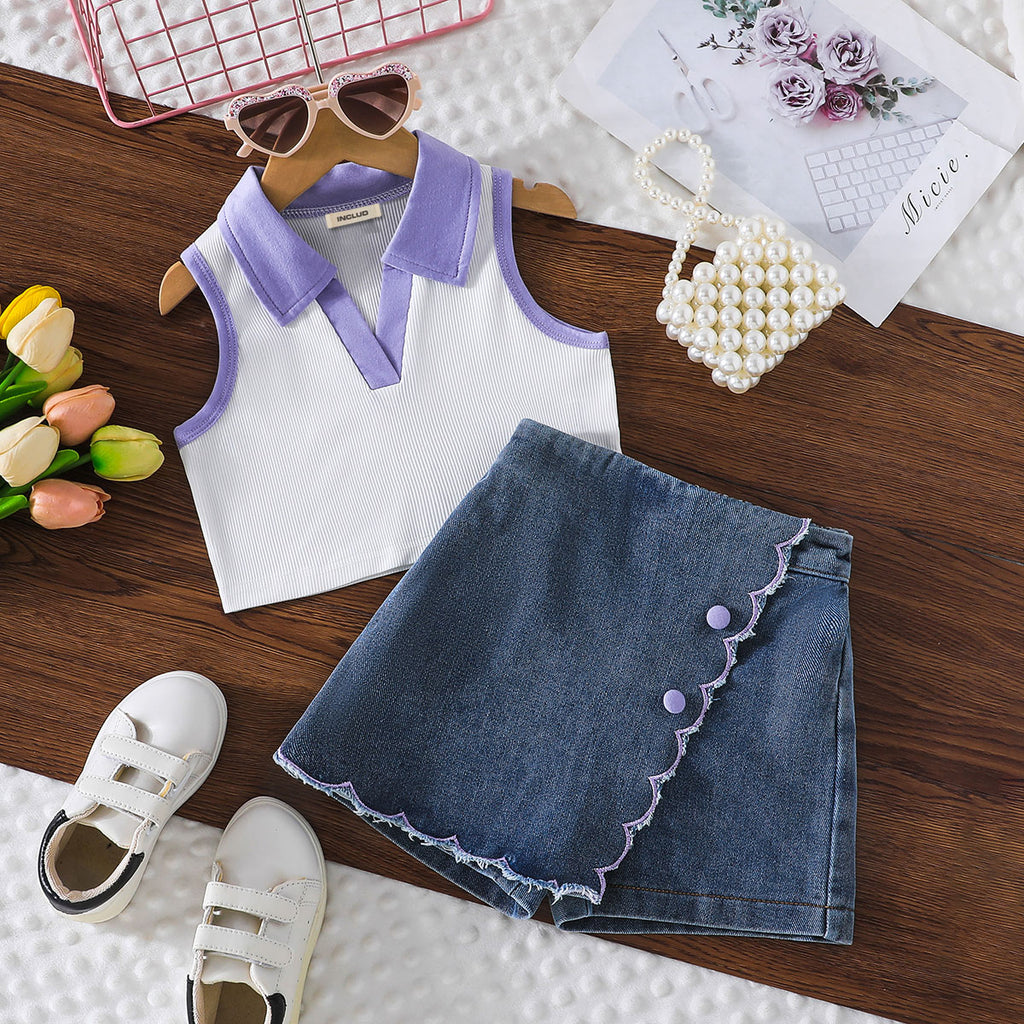 Girls Purple Sleeveless Polo Crop Top With Denim Skort Set 2 pc. Sets Purple 2-3 Y