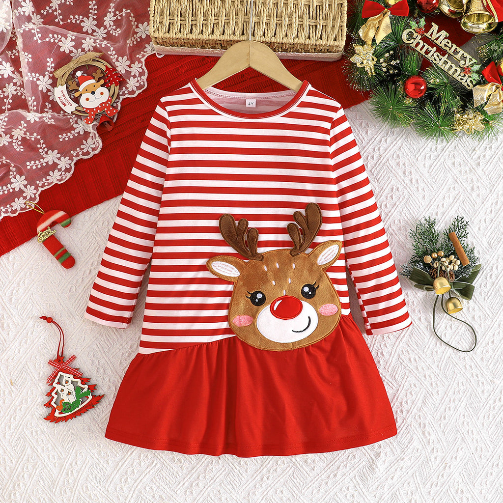 Girls Red Stripes Drop-Waist Dress With Reindeer Face applique Casual Dresses Red 2-3 Y