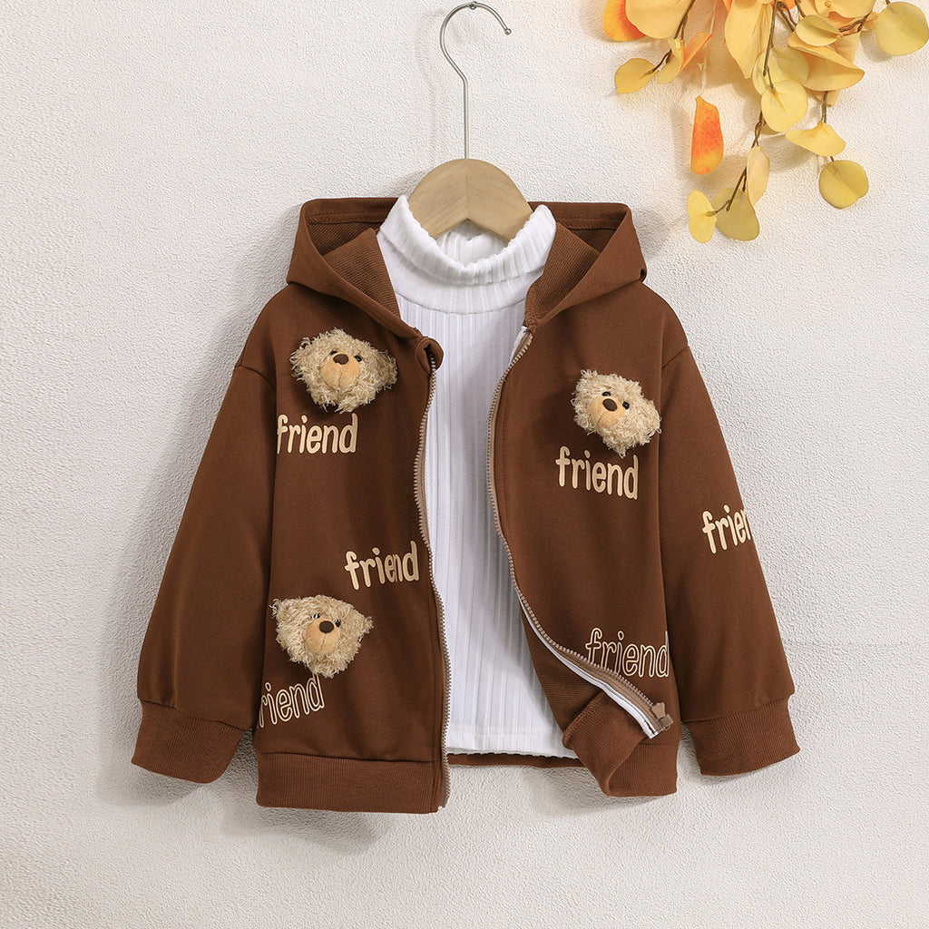 Girls Brown Friend Printed Front Zipper Hooded Winter Jacket Coats & Jackets Brown 3-4 Y
