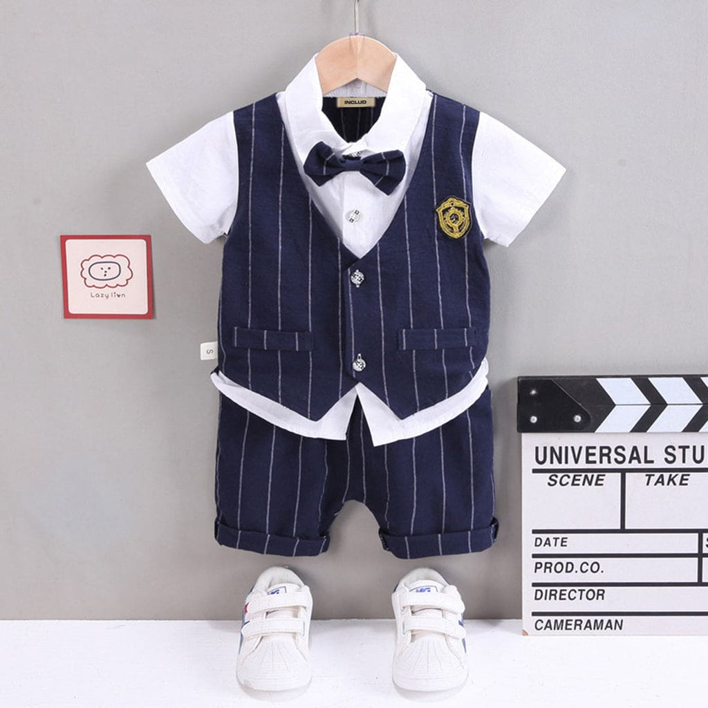 Boys Striped Waistcoat Shirt With Bow & Shorts Set Sets Dark Blue 1-2 Y 