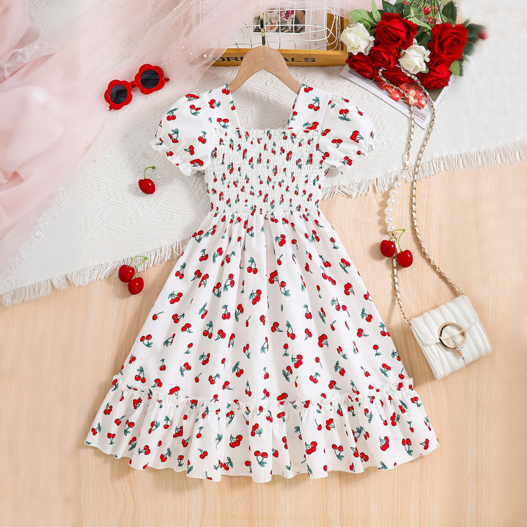 Girls White Cherry Printed Puff Sleeves Fit & Flare Dress Casual Dresses White 3-4 Y