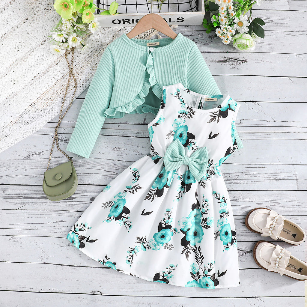 Girls Light Green Floral Printed Fit And Flared Dress With Shrug Casual Dresses Light Green 2-3 Y