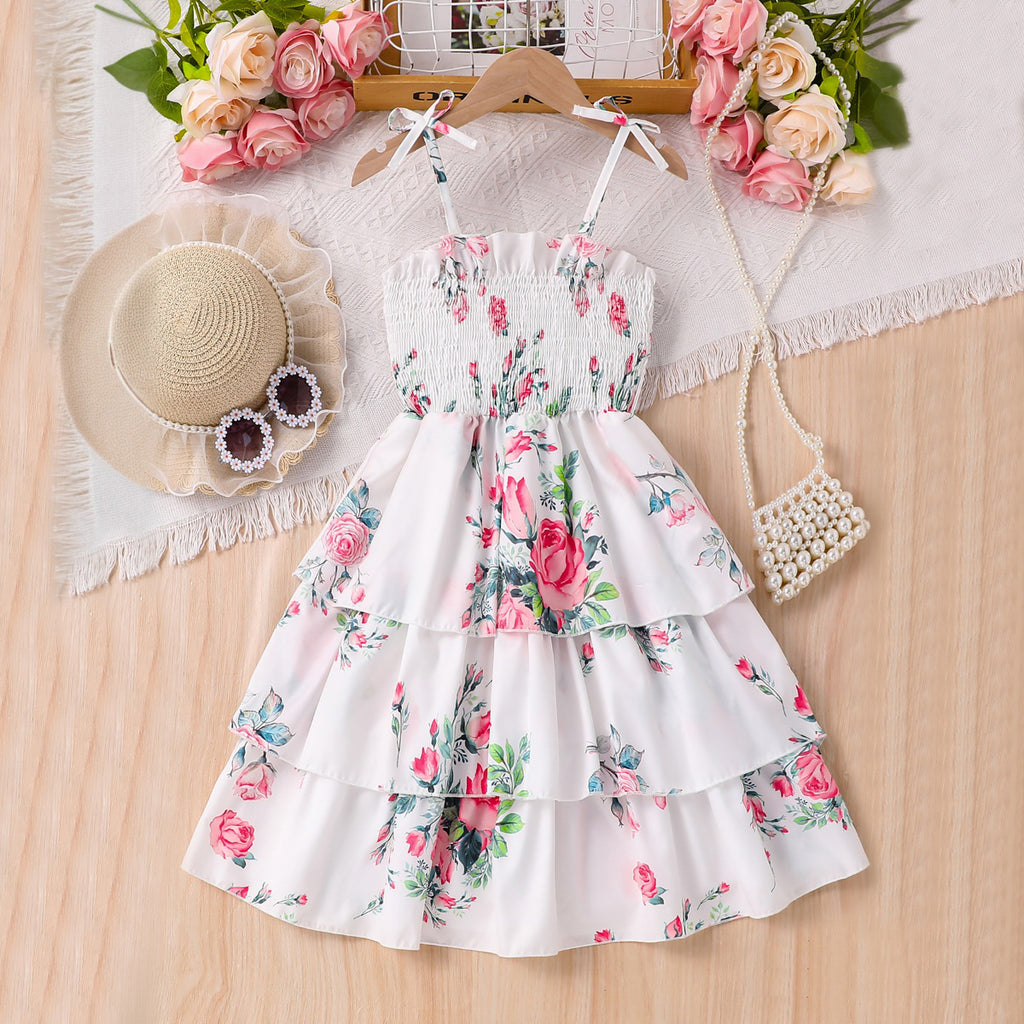 Girls Multicolor Rose Floral Printed Sleeveless Smocked Fit & Flare Dress Casual Dresses Multicolor 3-4 Y