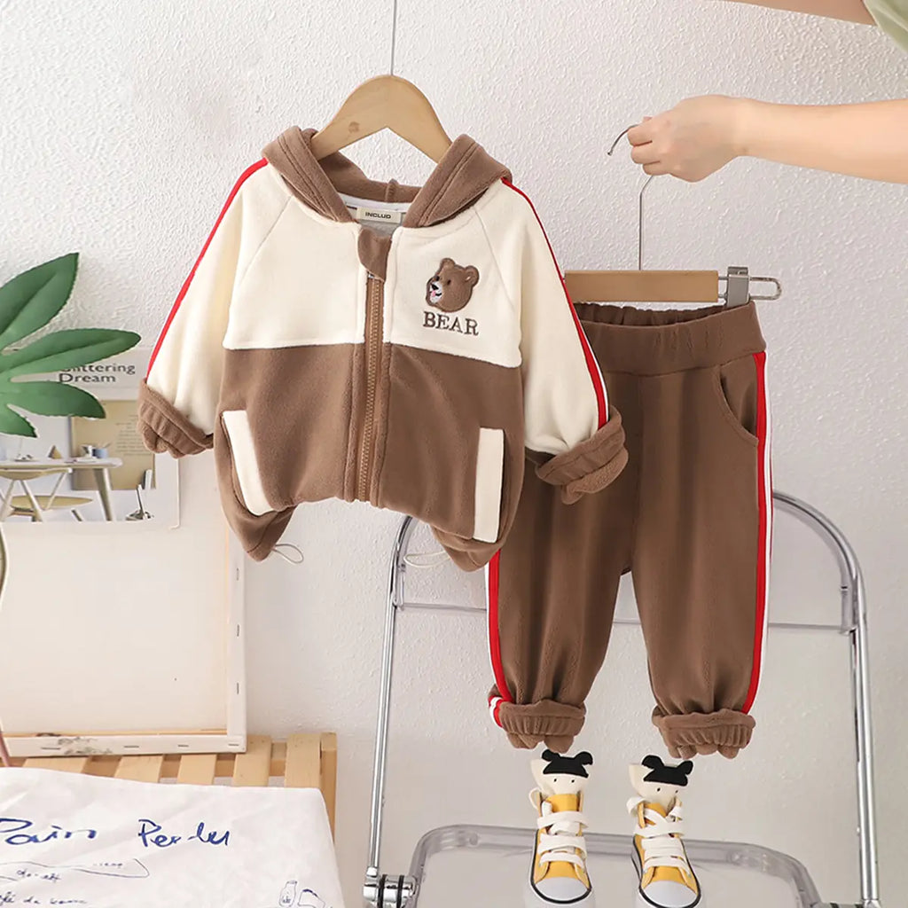 Boys Brown Hooded Zip-up Jacket With Jogger Sets Sets Brown 1-2 Y