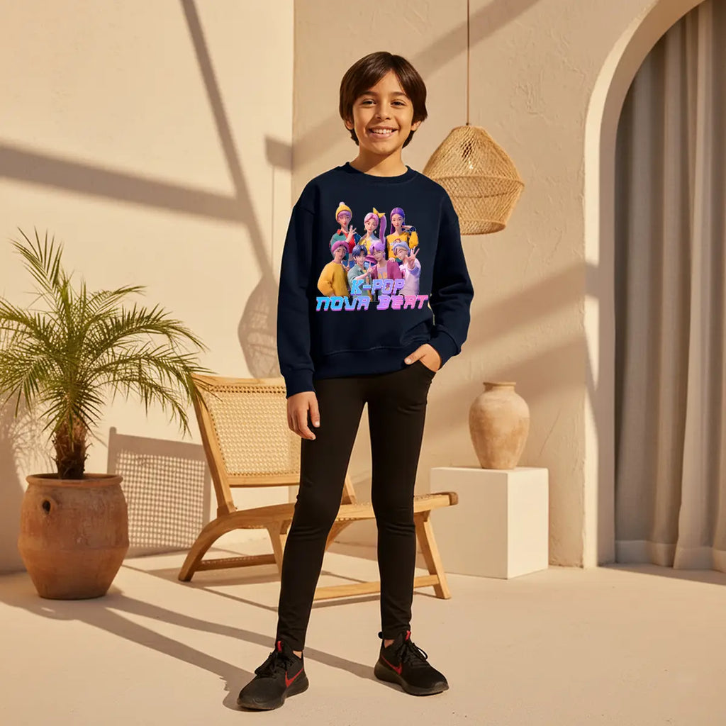 Boys Navy Blue K-Pop Nova Beat Graphics Crew Neck Sweatshirt Sweatshirts & Hoodies Navy Blue 1-2 Y
