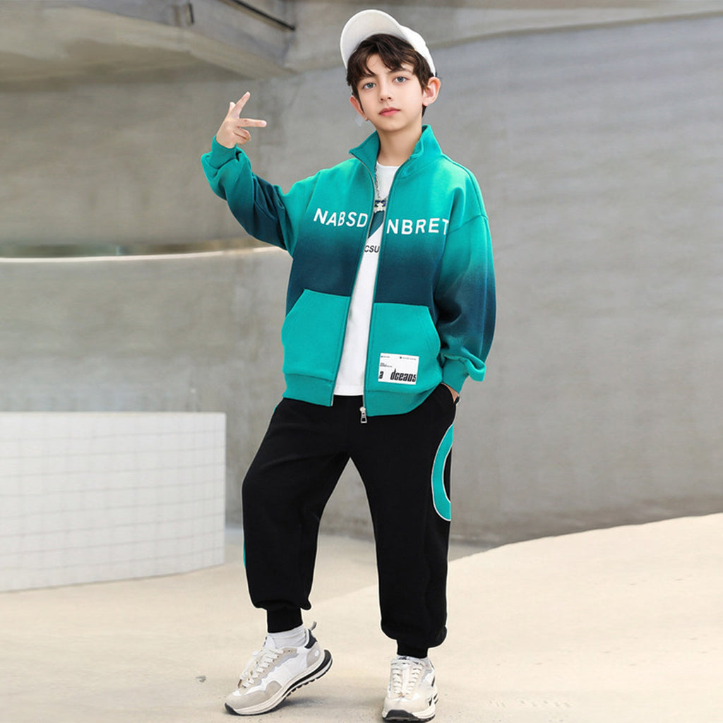 Boys Green Printed Front Open Sweatshirt With Pants Sets 2 pc. Sets Green 5-6 Y