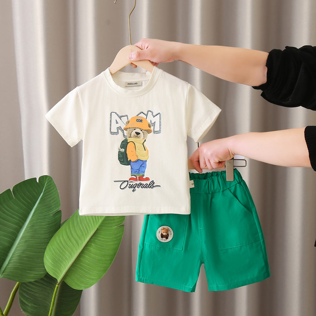 Boys Beige Teddy With Bag Pack Printed T-Shirt With Shorts set 2 pc. Sets Beige 1-2 Y