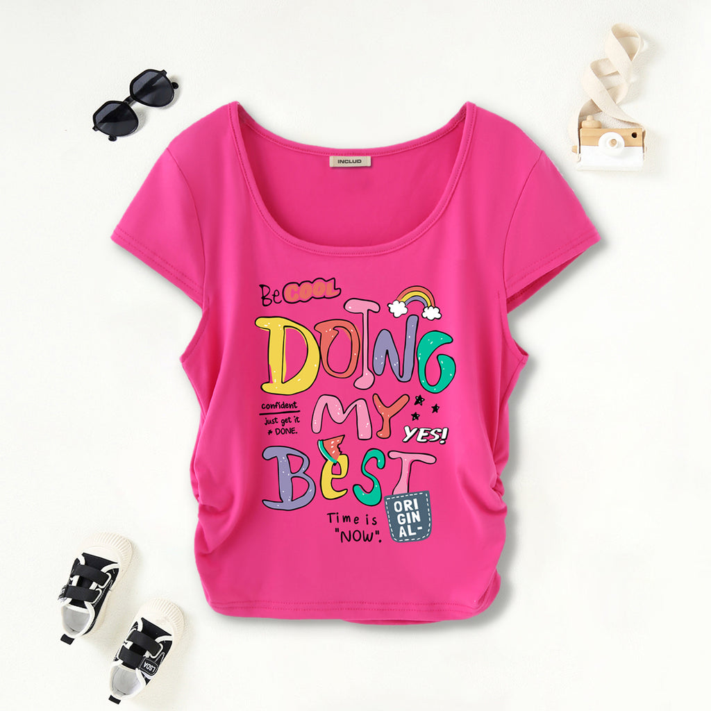 Girls Fuchsia Typographic Print Short Sleeves Scoop Neck T-Shirt Tshirts Fuchsia 7-8 Y