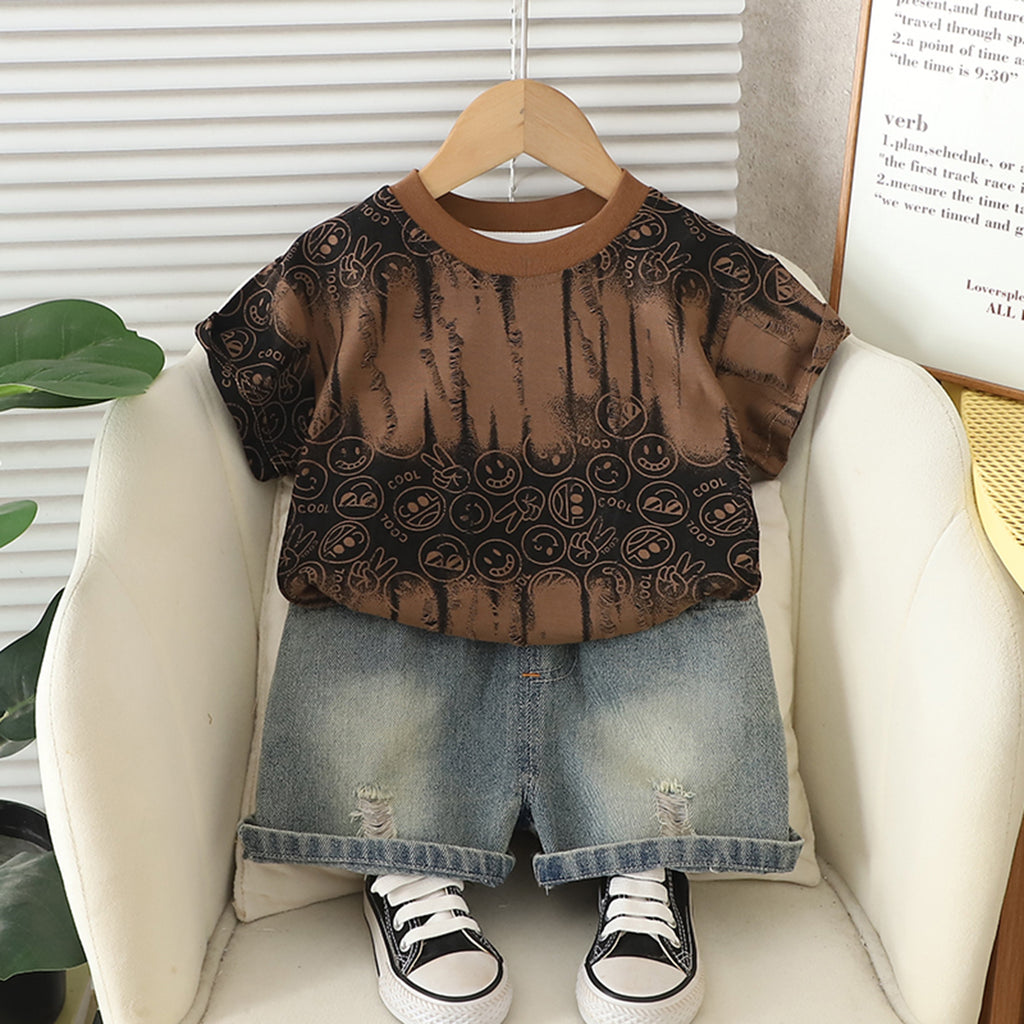 Boys Dark Brown Printed Short Sleeves T-Shirt With Denim Shorts Set 2 pc. Sets Dark Brown 1-2 Y