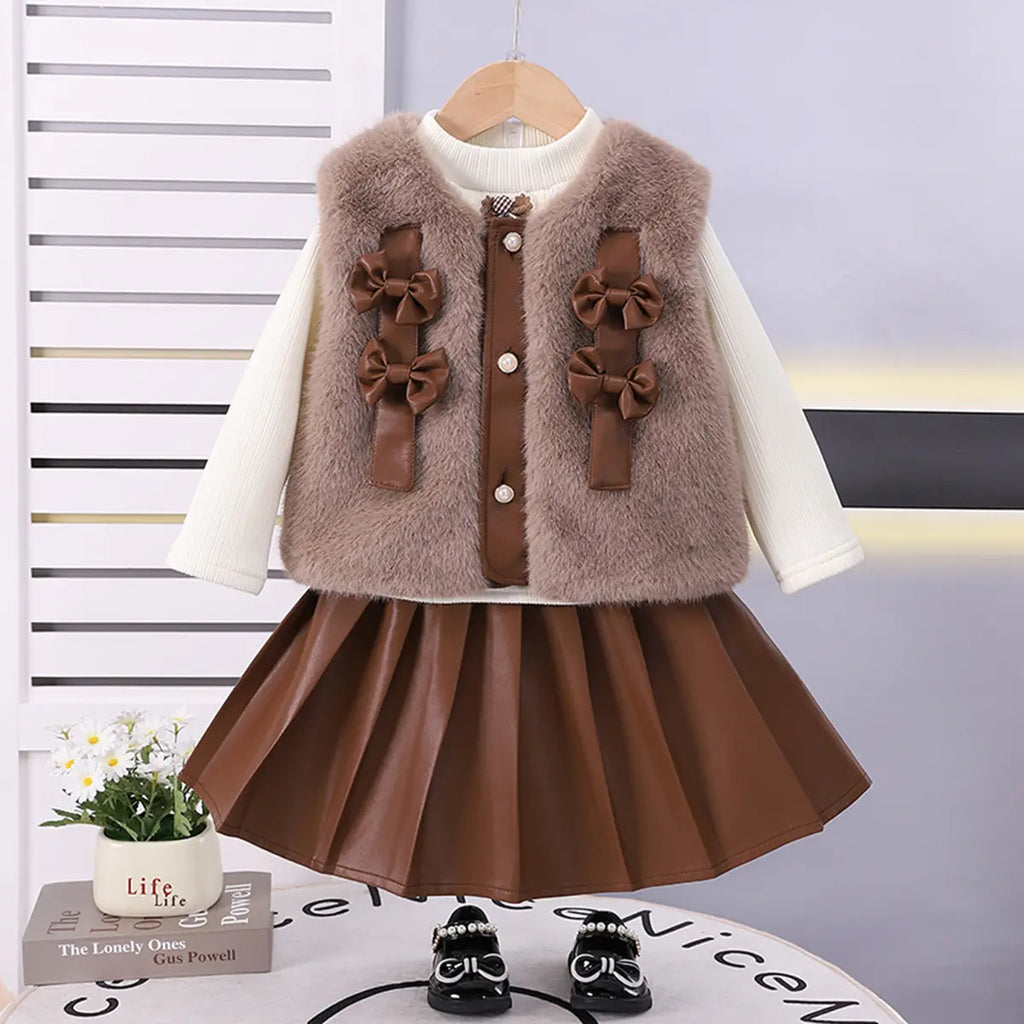 Girls Dark Brown Sleeveless Jacket With High Neck T-Shirt And Skirt Sets 3 pc. Sets Dark Brown 1-2 Y