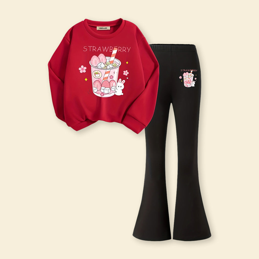 Girls Red Strawberry Printed Sweatshirt with Flared Pants Set 2 pc. Sets Red 7-8 Y