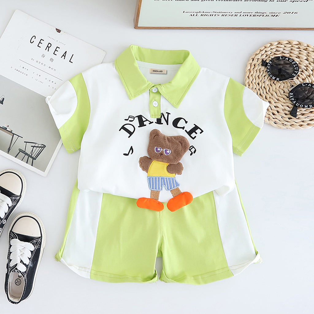 Boys Green Cat Applique Color-blocked Polo T-Shirt With Shorts Set 2 pc. Sets Green 1-2 Y