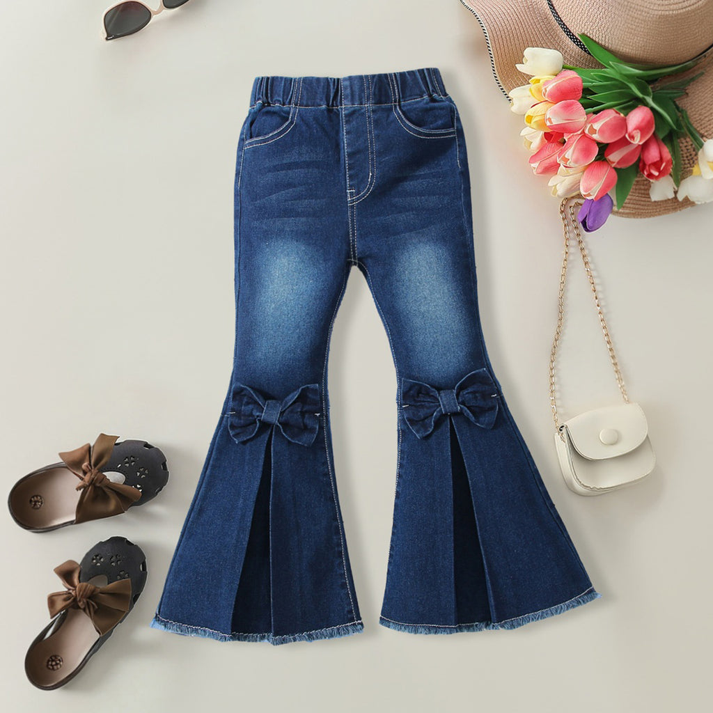 Girls Blue Solid Bow Flared Denim Pants Jeans Blue 3-4 Y