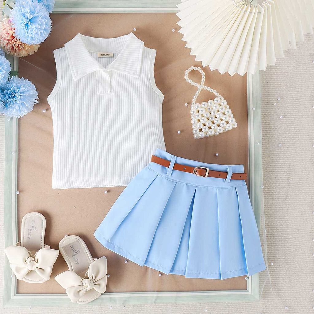 Girls Knitted Polo Top With Pleated Skirt & Belt Set Sets Blue 1-2 Y 