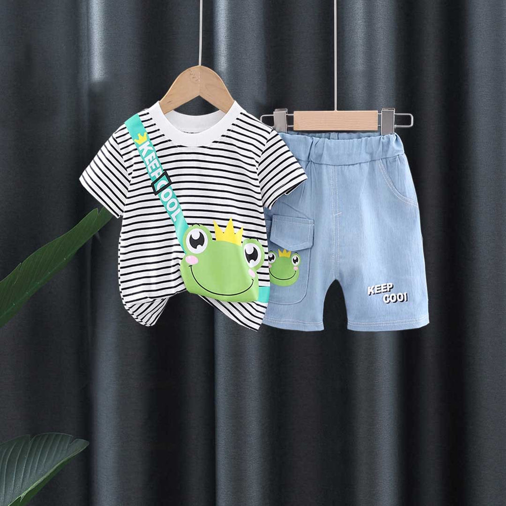 Boys Striped Frog Print T-Shirt With Denim Shorts Set 2 pc. Sets White 1-2 Y 