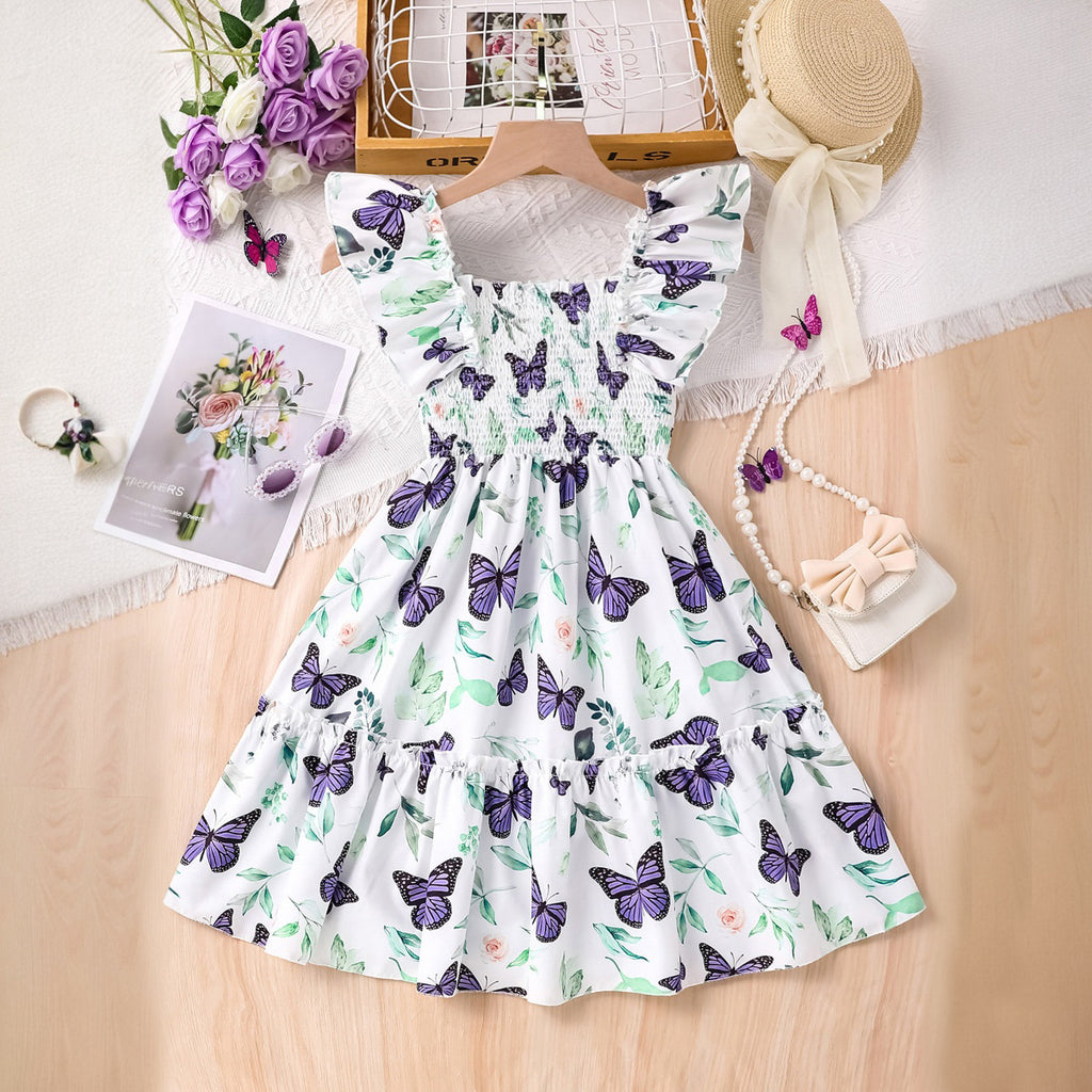 Girls White Butterfly Printed Square Neck Fit & Flare Smocked Dress Casual Dresses