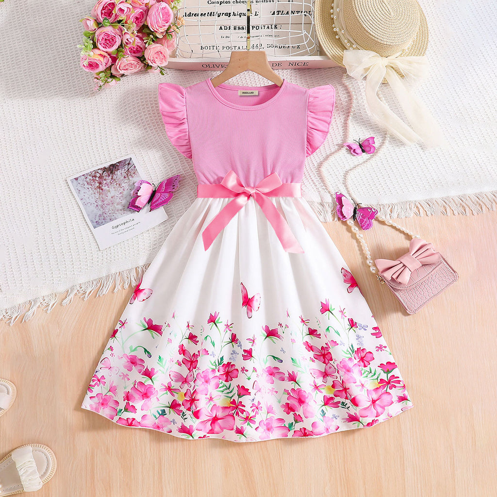Girls Pink Floral Printed Flutter Sleeves Fit And Flared Casual Dress With Self Belt Casual Dresses