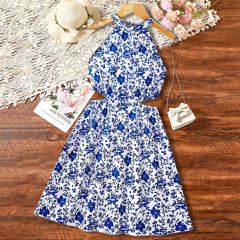 Girls Floral Print Halter Neck Fit & Flared  Dress Casual Dresses Blue 8-9 Y 