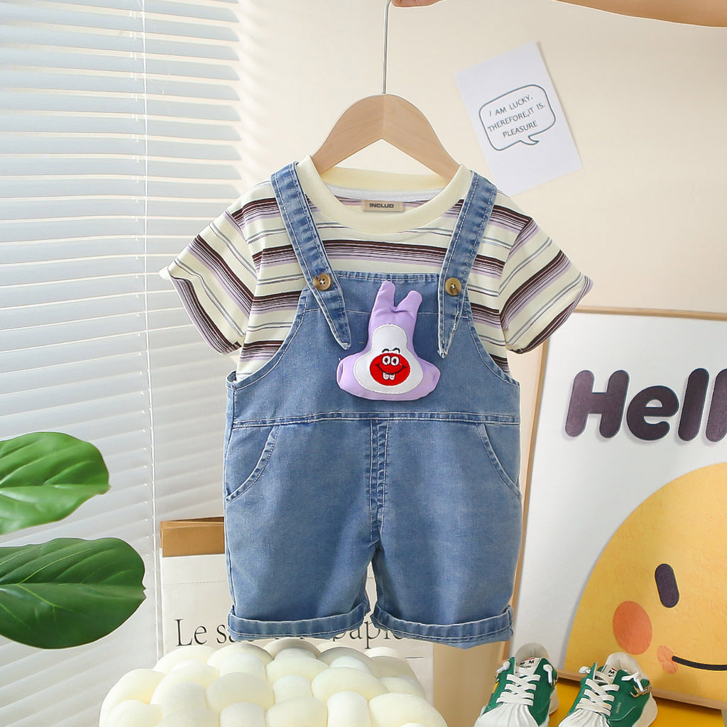 Boys Purple Striped Short Sleeves T-Shirt With Denim Dungaree Set 2 pc. Sets Purple 1-2 Y