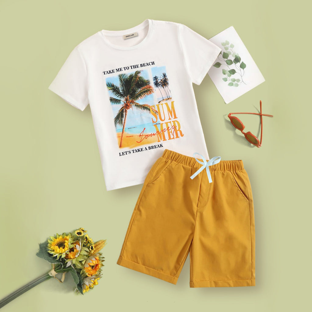 Boys White Short Sleeve Graphic T-shirt With Regular Fit Shorts Set 2 pc. Sets White 7-8 Y