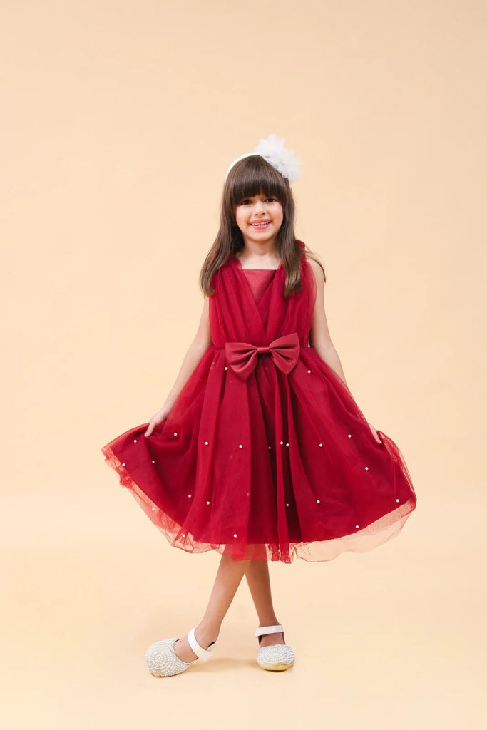 Girls Maroon Sleeveless Beaded Tulle Party Dress Party Dresses Maroon 3-4 Y