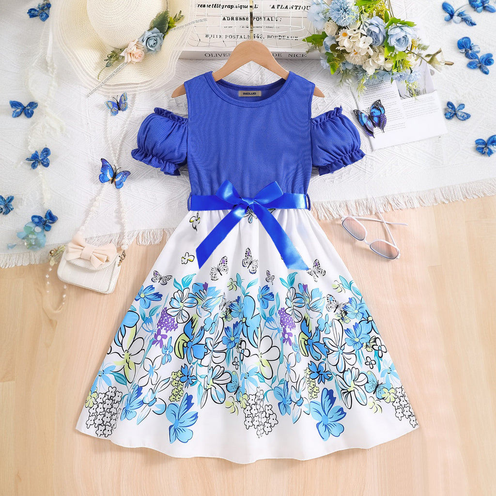 Girls Blue Floral Printed Cold Shoulder Fit And Flared Midi Dress Casual Dresses Blue 3-4 Y