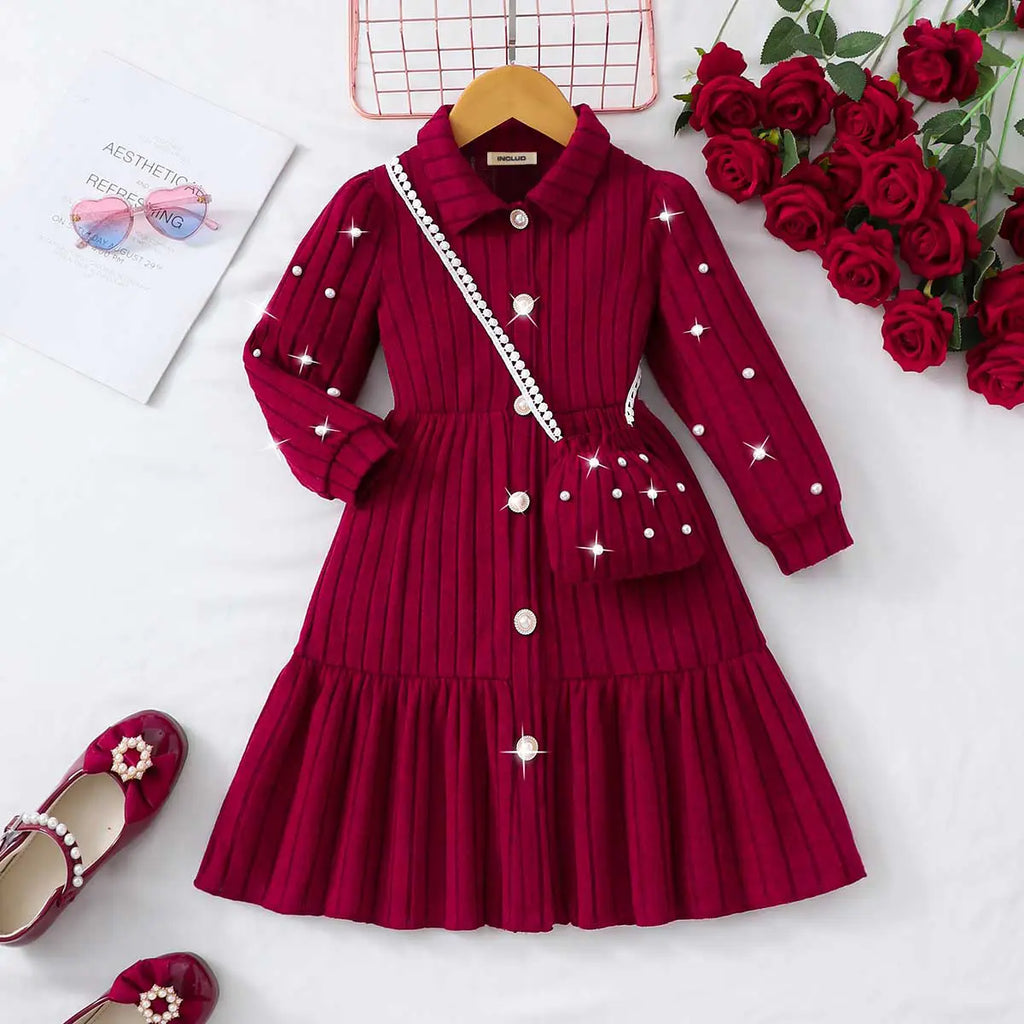 Girls Maroon Self-Design Stripe Beaded Tiered Fit & Flare Shirt Dress Casual Dresses Maroon 3-4 Y
