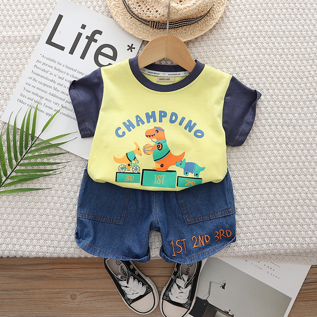 Boys Yellow Short Sleeve Champ Dino Print T-shirt With Denim Shorts Set 2 pc. Sets Yellow 1-2 Y