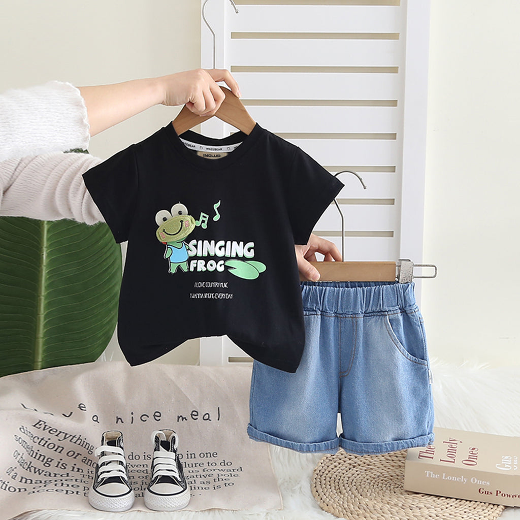 Boys Black Frog Graphic Short Sleeves T-Shirt With Denim Shorts Set 2 pc. Sets Black 1-2 Y