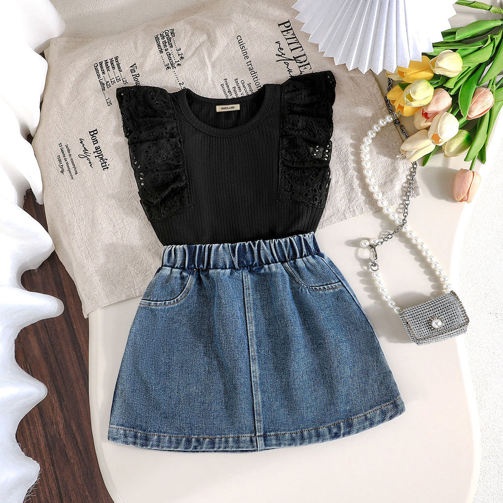 Denim Skirt Black Piece Skirt Set Girls Black Sleeveless Top With