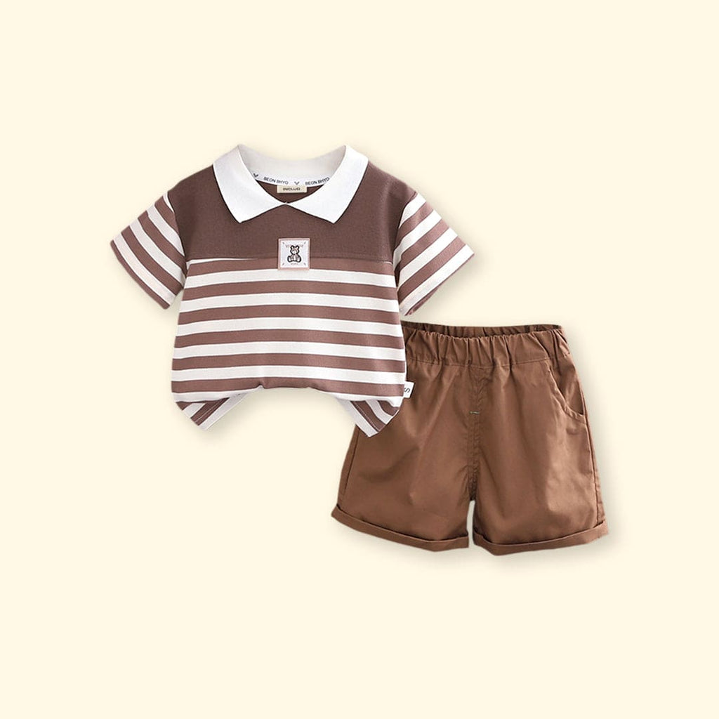 Boys Striped Polo T-shirt with Shorts Set Sets Brown 1-2 Y 