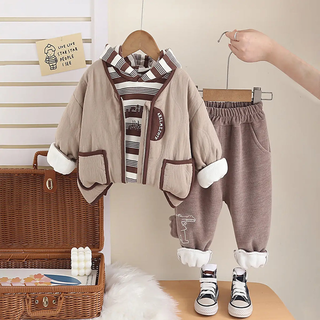 Boys Khaki Quilted Zip-up Jacket With Striped Hoodie & Jogger Sets Sets Khaki 1-2 Y