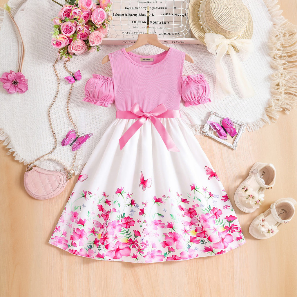 Girls Pink Floral Printed Cold Shoulder Fit And Flared Midi Casual Dress Casual Dresses Pink 3-4 Y