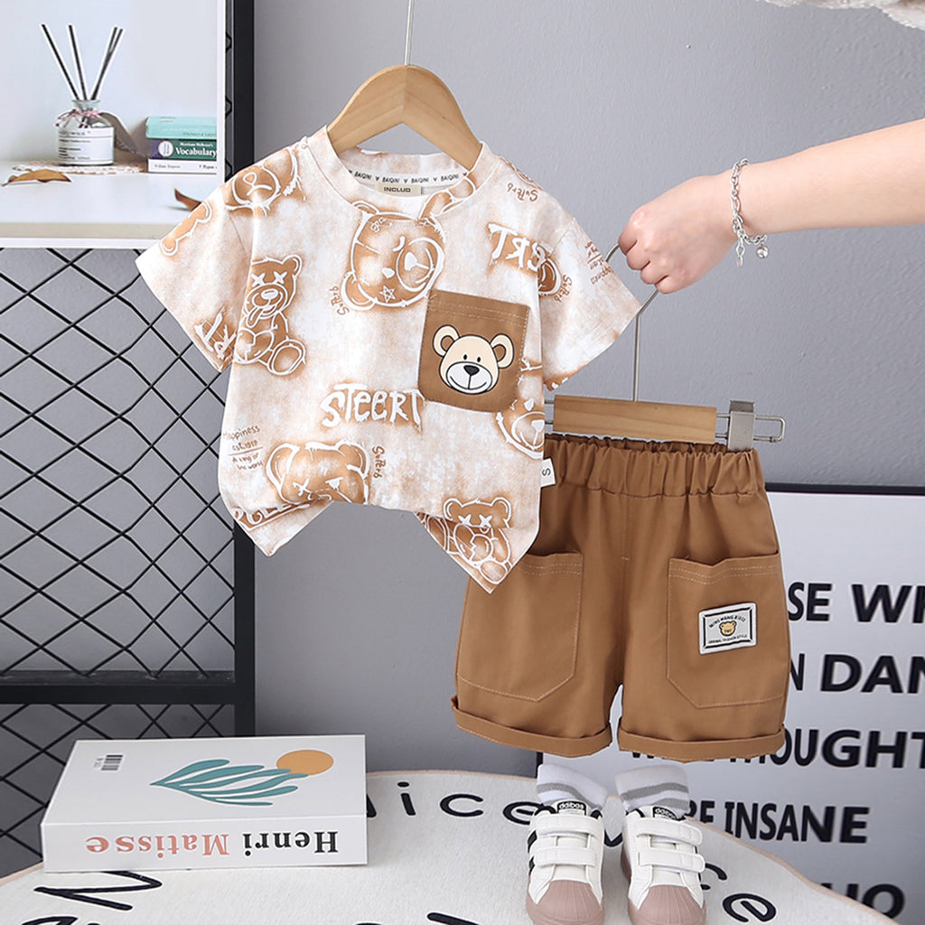Boys Bear Printed Short Sleeves T-Shirt With Light Brown Shorts Set 2 pc. Sets Light Brown 1-2 Y