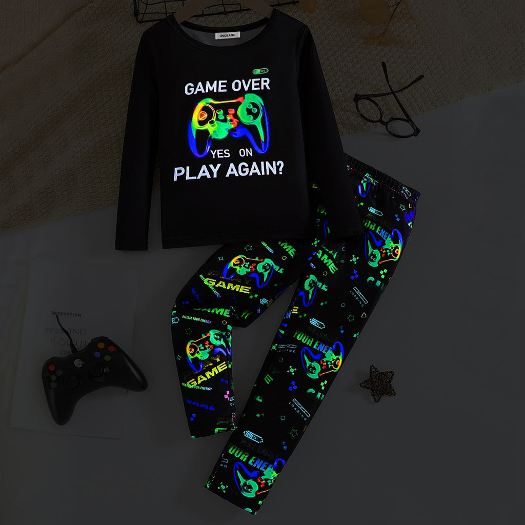 Boys Black Gaming Printed Glow in the Dark T-Shirt with Pajama Set 2 pc. Sets Black 3-4 Y