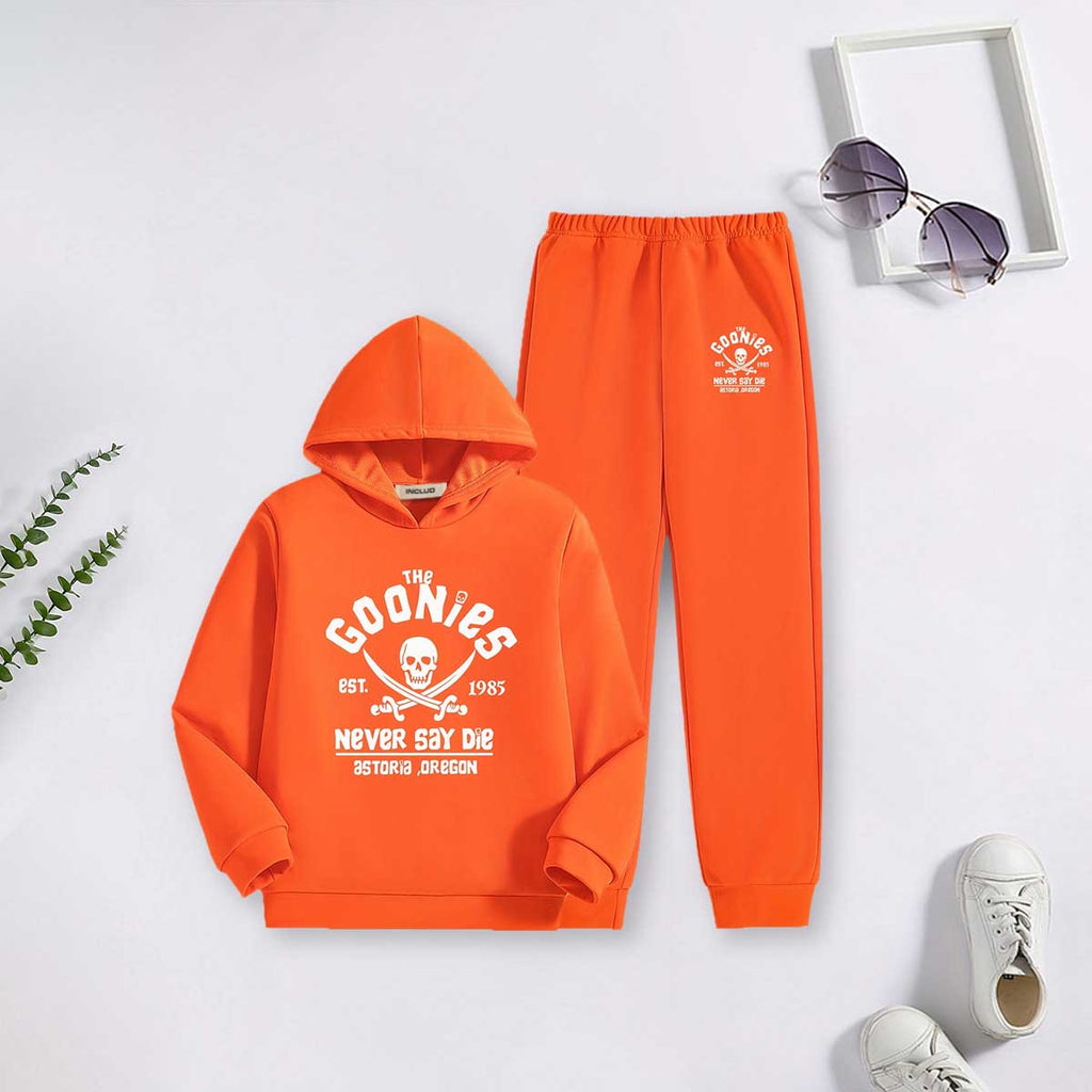 Boys Orange The Goonies Graphics Printed Hooded Sweatshirt With Jogger Co-ord Sets 2 pc. Sets Orange 7-8 Y