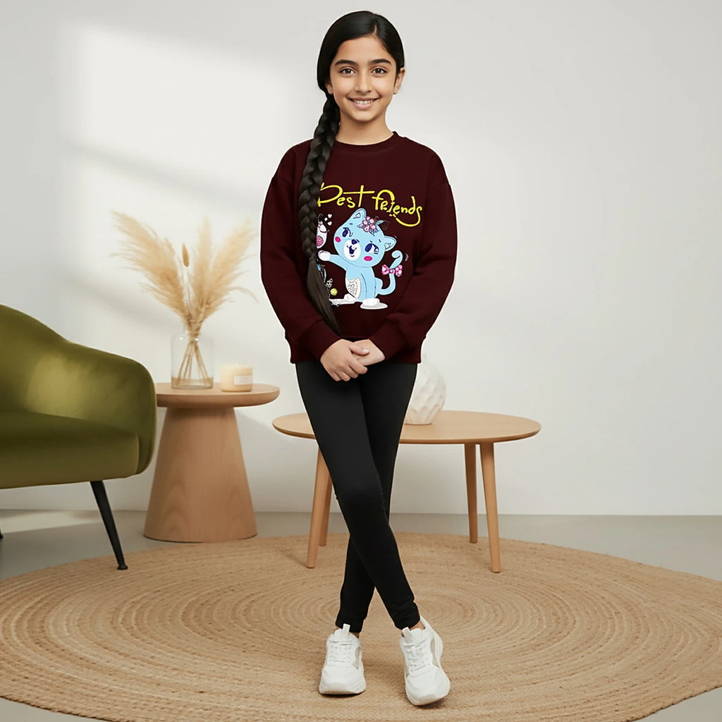 Girls Maroon Best Friend Graphics Round Neck Sweatshirt Sweatshirts & Hoodies Maroon 1-2 Y