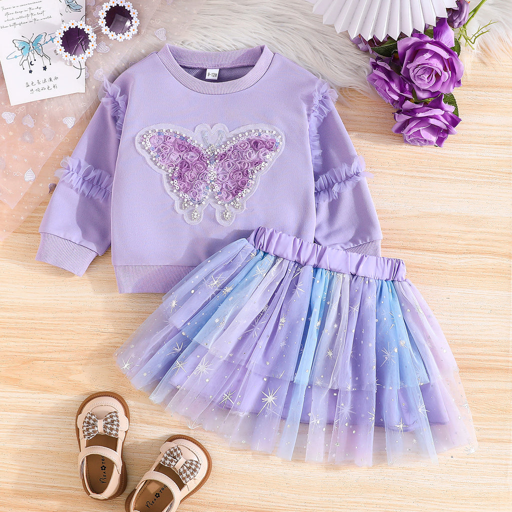 Girls Purple Butterfly Applique Sweatshirt With Tulle Overlay Skirt Sets Sets Purple 1-2 Y