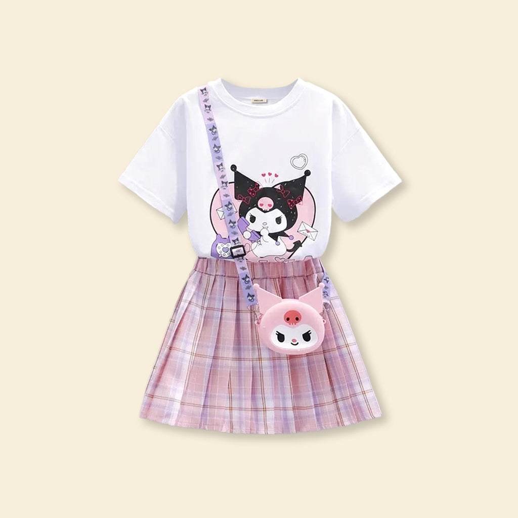 Girls Printed T-Shirt With Checkered Print Skirt Sets Pink 4-5 Y 