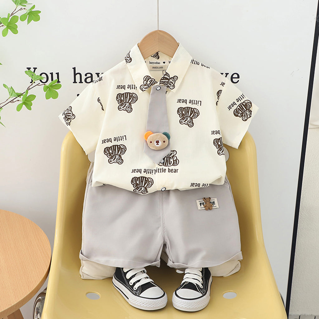 Boys Grey Bear Printed Short Sleeve Shirt With Elasticated Shorts Set Sets Grey 1-2 Y