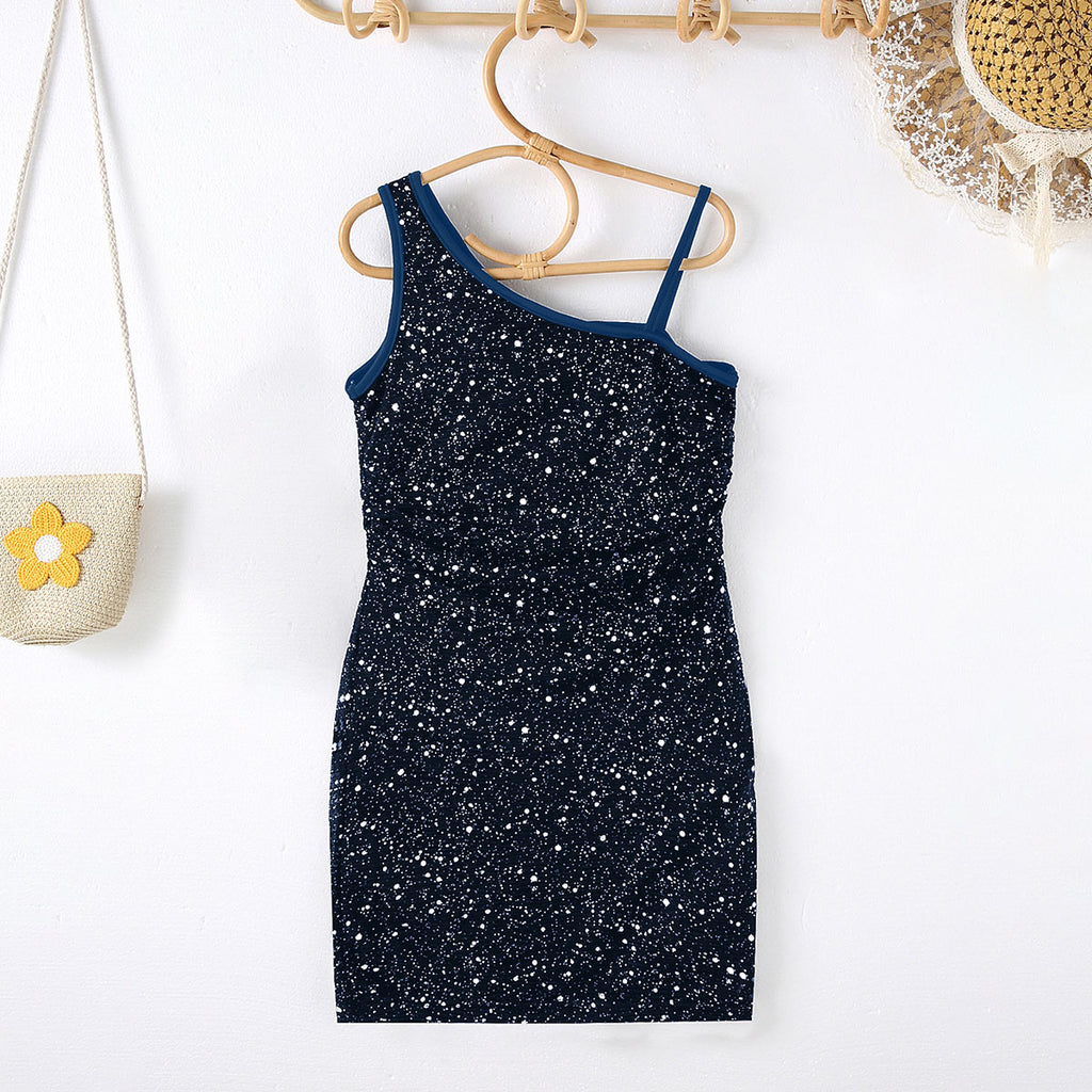 Girls Dark Blue Printed One Shoulder Sheath Dress Casual Dresses Dark Blue 7-8 Y