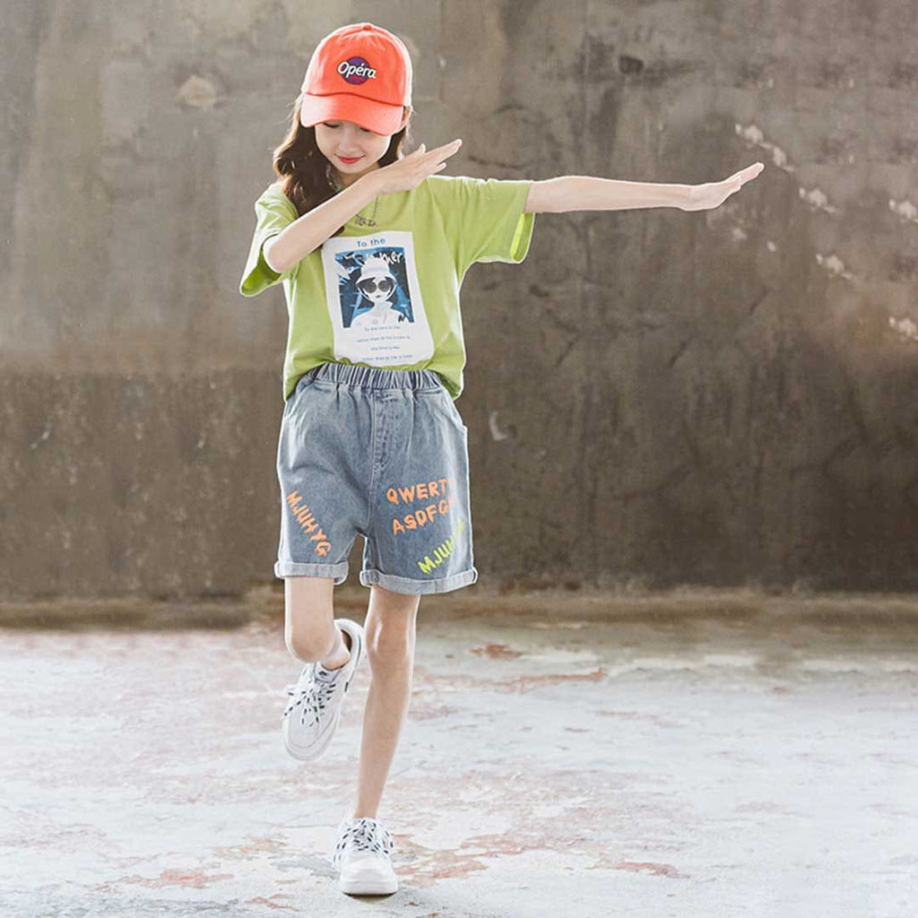 Girls Short Sleeve Graphic T-Shirt With Denim Shorts Set 2 pc. Sets Green 3-4 Y 