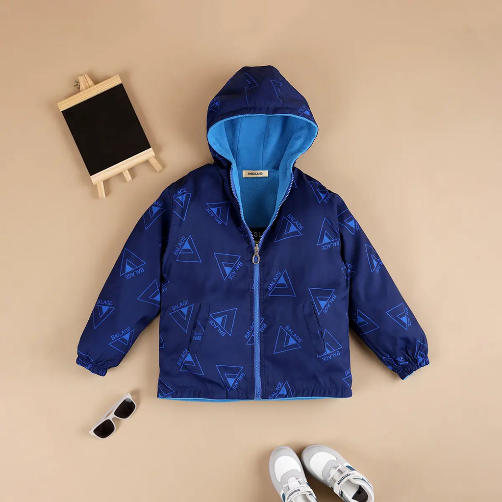 Boys Light Blue Triangle Printed Reversible Hooded Zipper Jacket Coats & Jackets Light Blue 3-4 Y