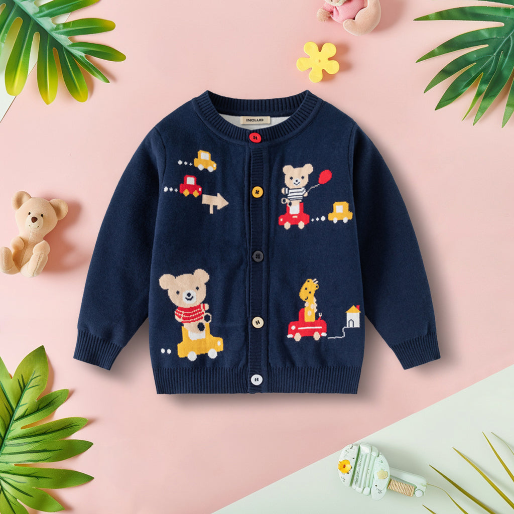 Boys Navy Blue Cardigan With Self-design Teddy Patterns Sweaters & Cardigans Navy Blue 2-3 Y