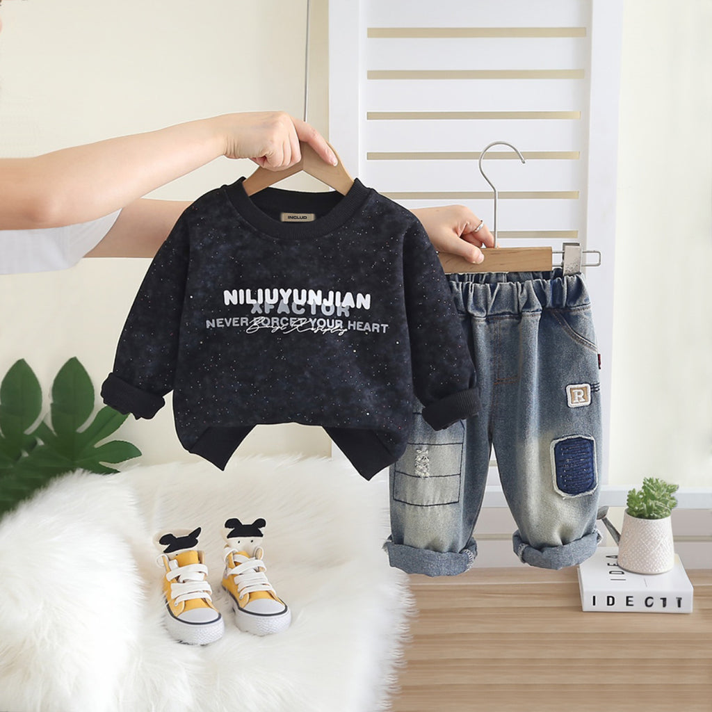 Boys Black Typographic Printed Sweatshirt With Denim Pant Set 2 pc. Sets Black 1-2 Y